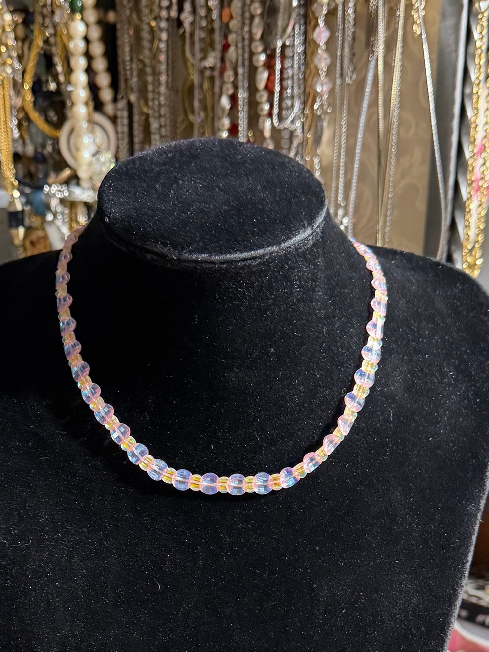 Vintage Pink Yellow Aurora Borealis disc Crystal Glass Choker Necklace 16”